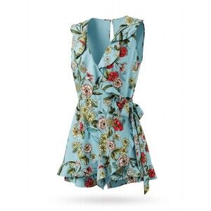 Soulmates Women Romper Size XL blue floral, faux wrap, sleeveless, ruffle neck